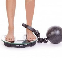8102631-a-woman-has-a-ball-and-chain-on-her-leg-and-standing-on-the-scales